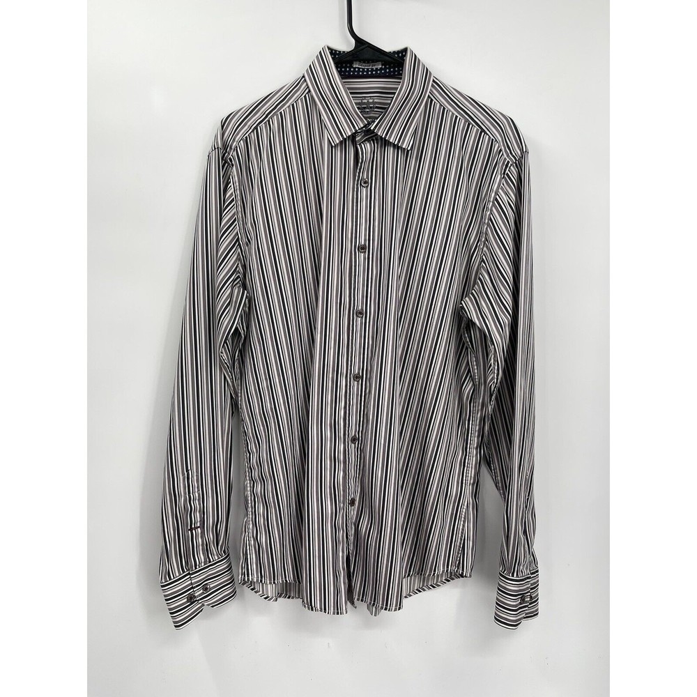 Bugatchi L Button Down Shirt Mens Black White Grey Striped Shaped Fit Cotton